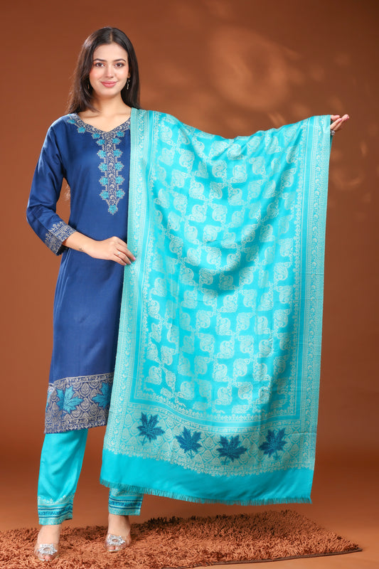 KRITI Woolen Unstitched Winter Suit with  Paisley Weave Blue Color For Women