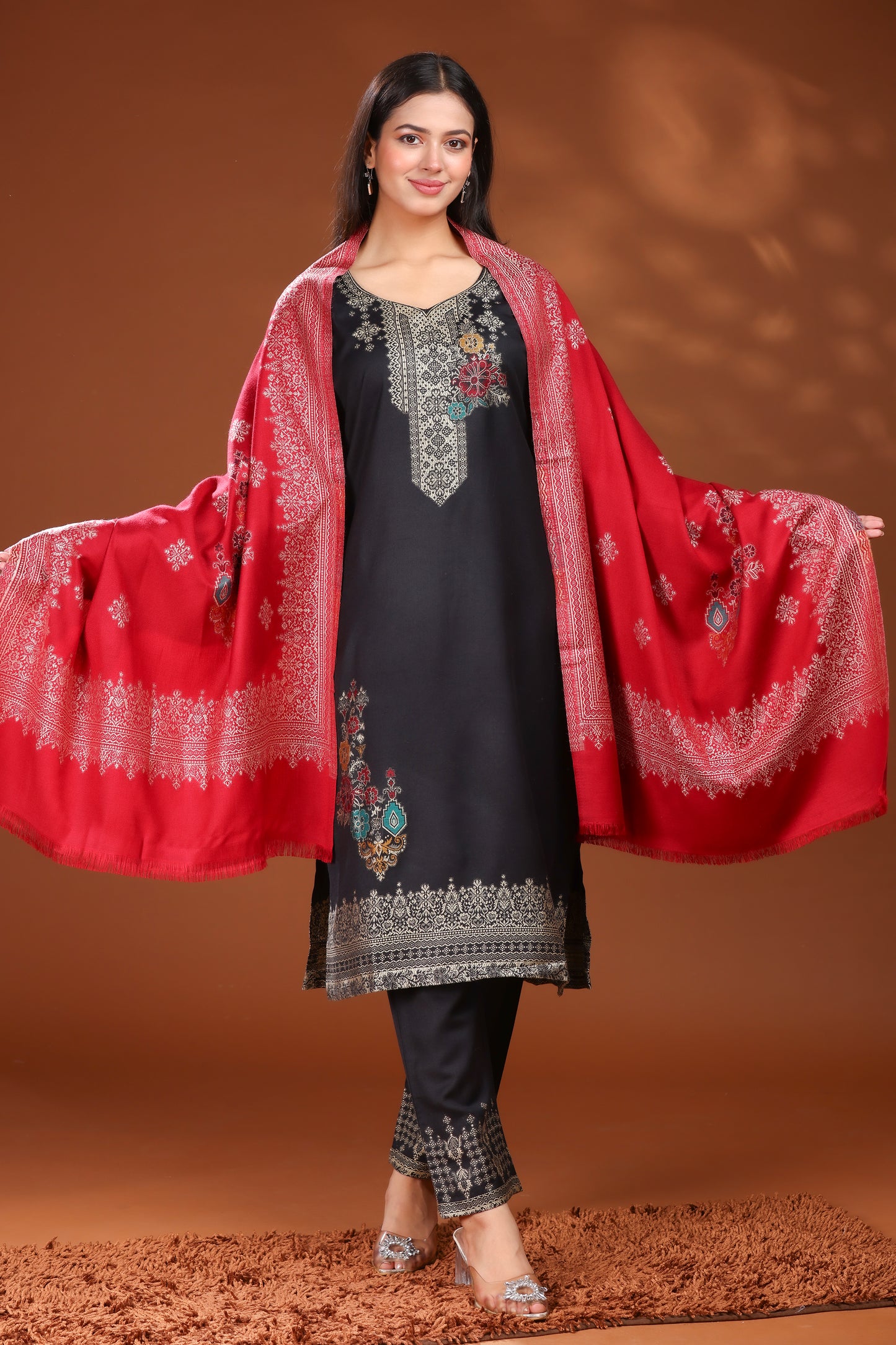 KRITI Woolen Unstitched Suit Set Weaving Design Black Color For Women