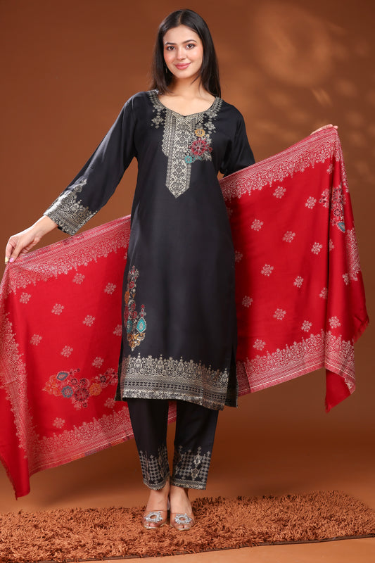 KRITI Woolen Unstitched Suit Set Weaving Design Black Color For Women