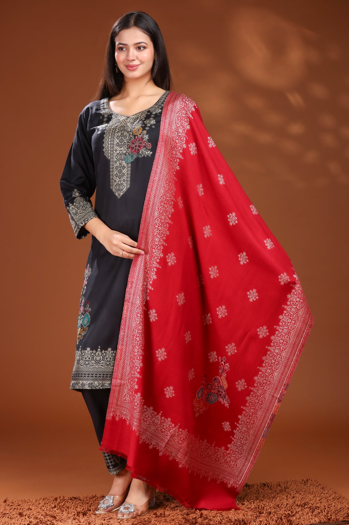 KRITI Woolen Unstitched Suit Set Weaving Design Black Color For Women