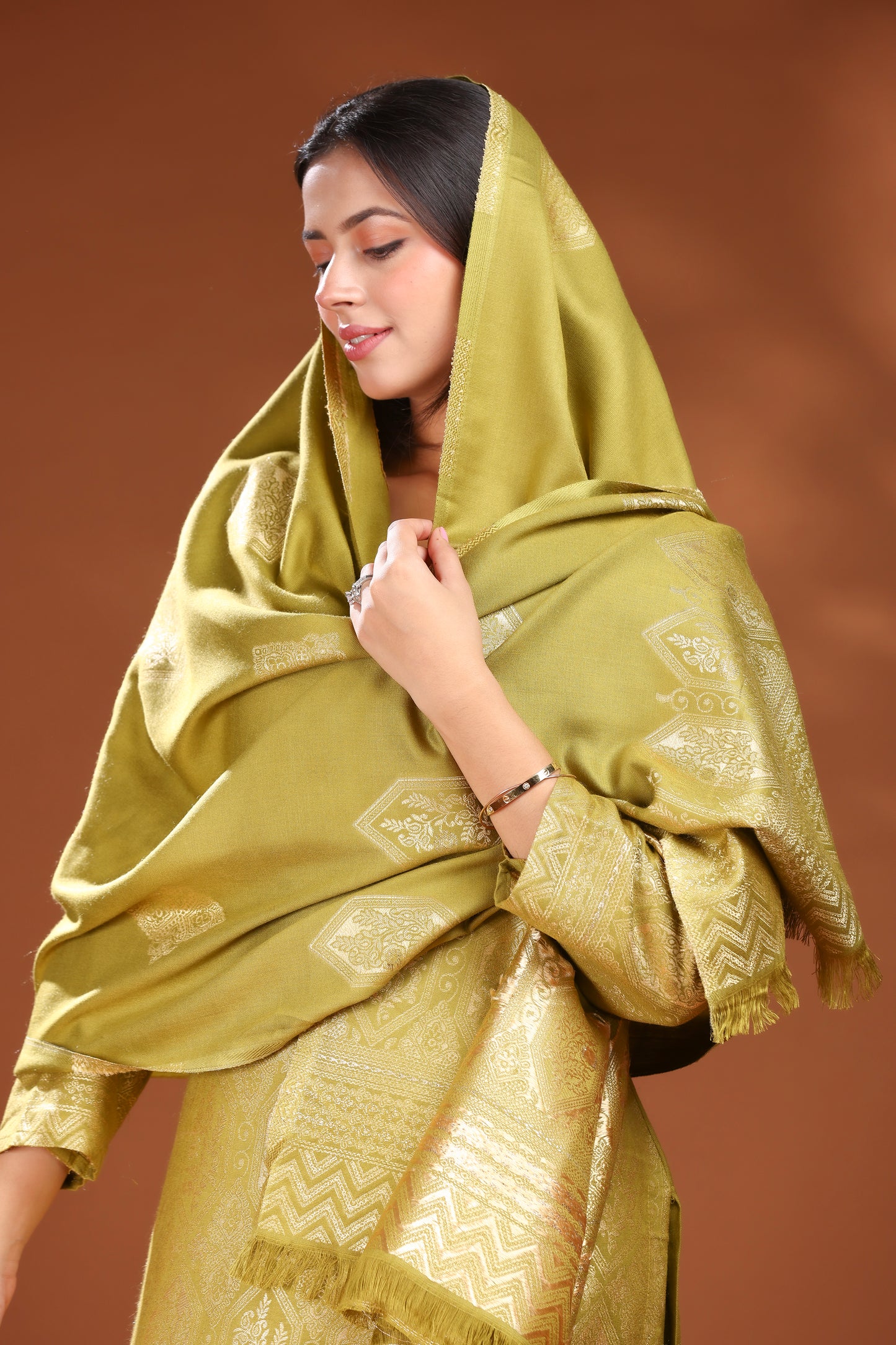 KRITI Woolen Unstitched Suit Set Weaving Design Olive Color For Women