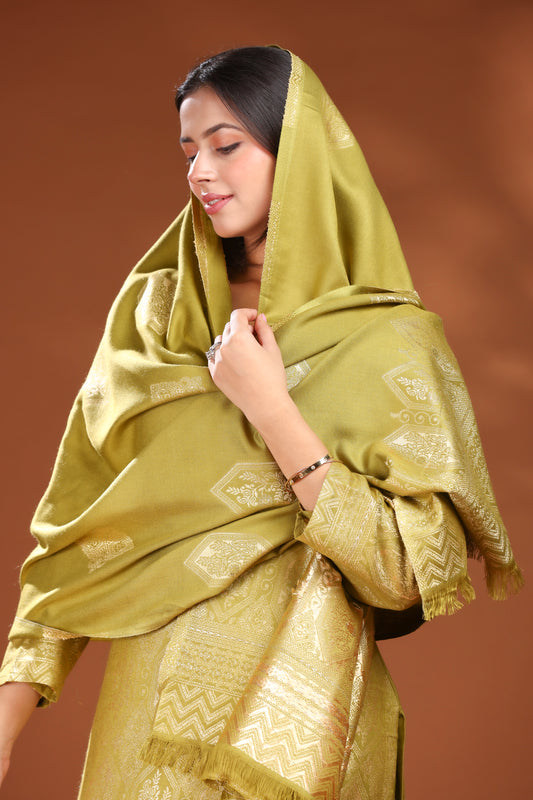 KRITI Woolen Unstitched Suit Set Weaving Design Olive Color For Women