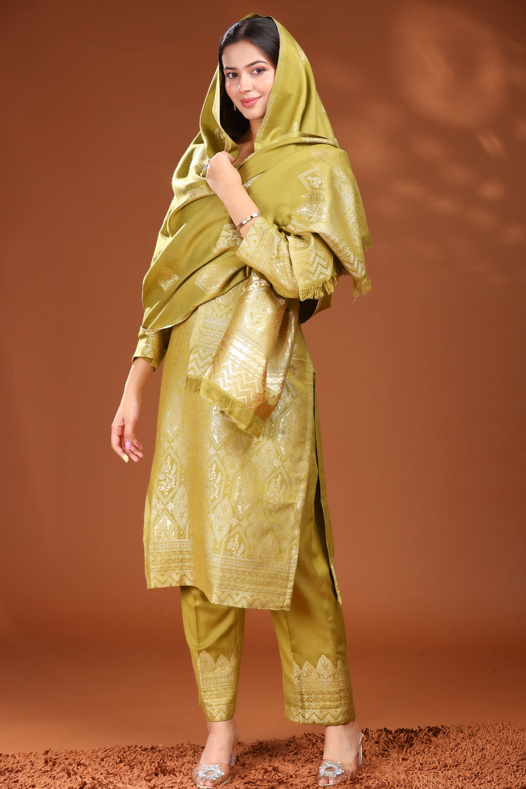 Woolen Unstitched Suit Set Weaving Design - Olive Gold