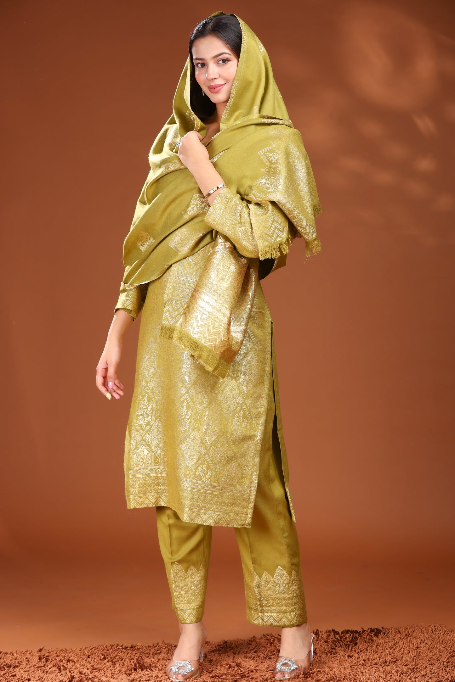 KRITI Woolen Unstitched Suit Set Weaving Design Olive Color For Women