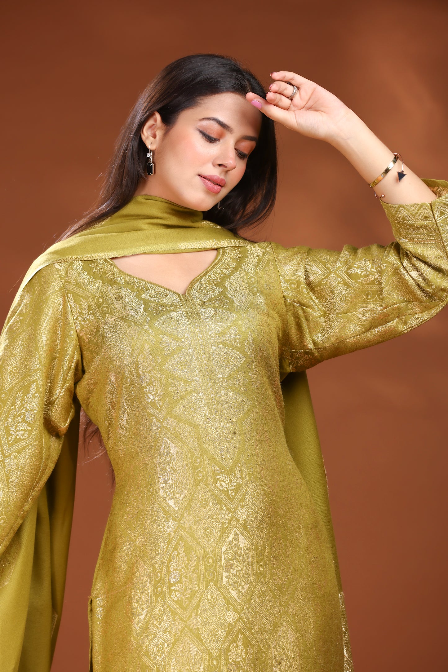 KRITI Woolen Unstitched Suit Set Weaving Design Olive Color For Women