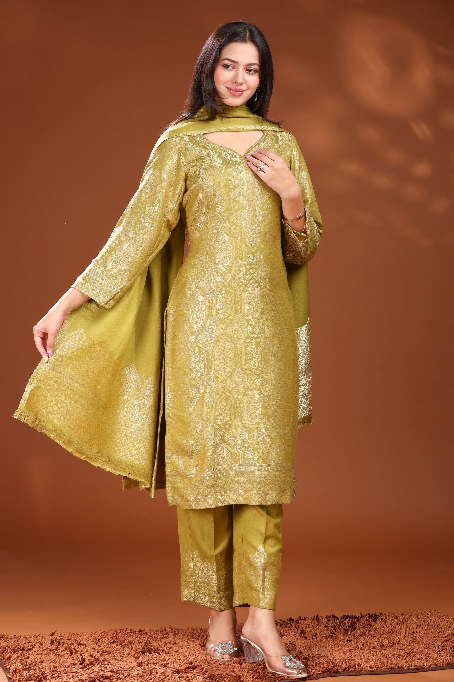 KRITI Woolen Unstitched Suit Set Weaving Design Olive Color For Women