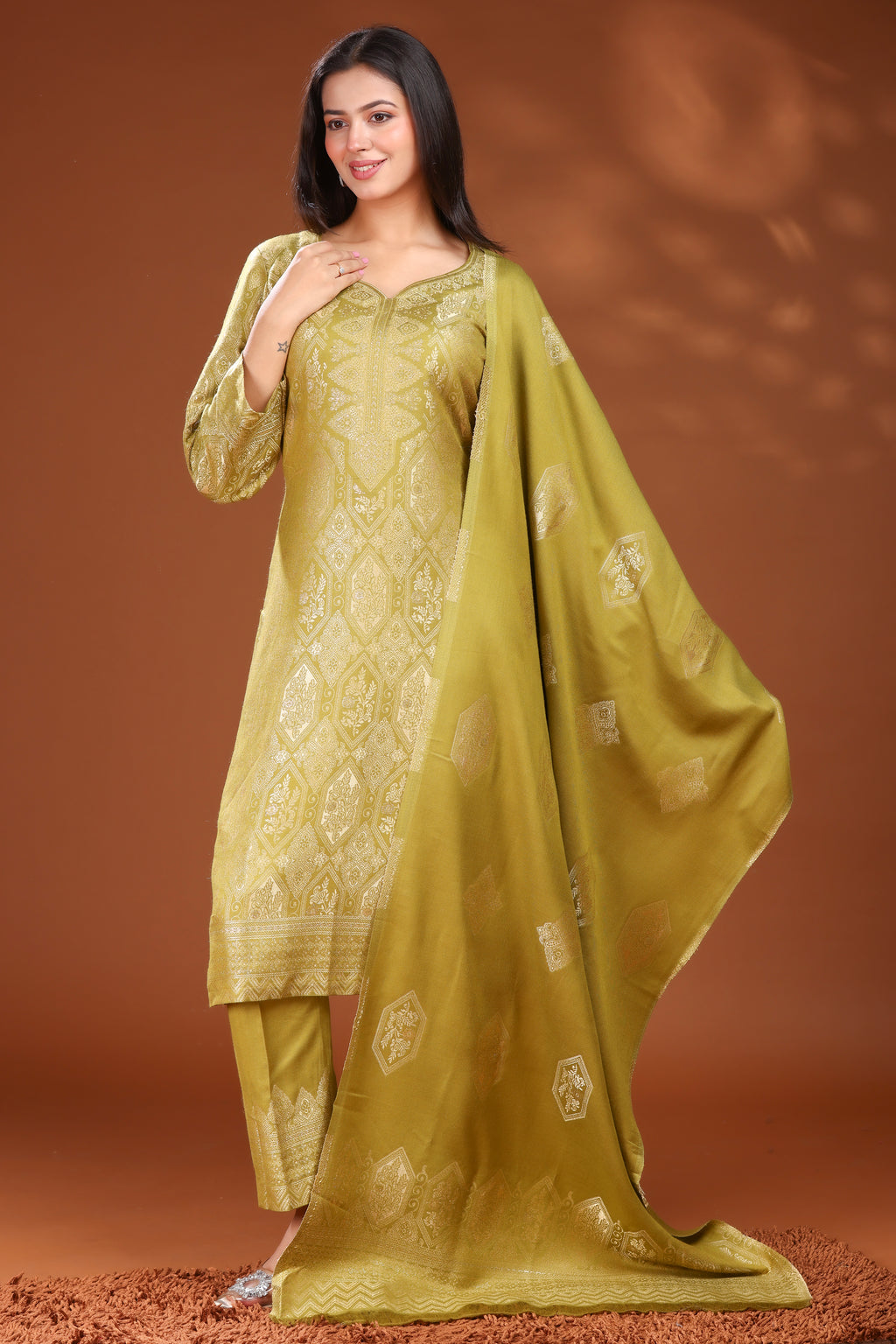 Woolen Unstitched Suit Set Weaving Design - Olive Gold