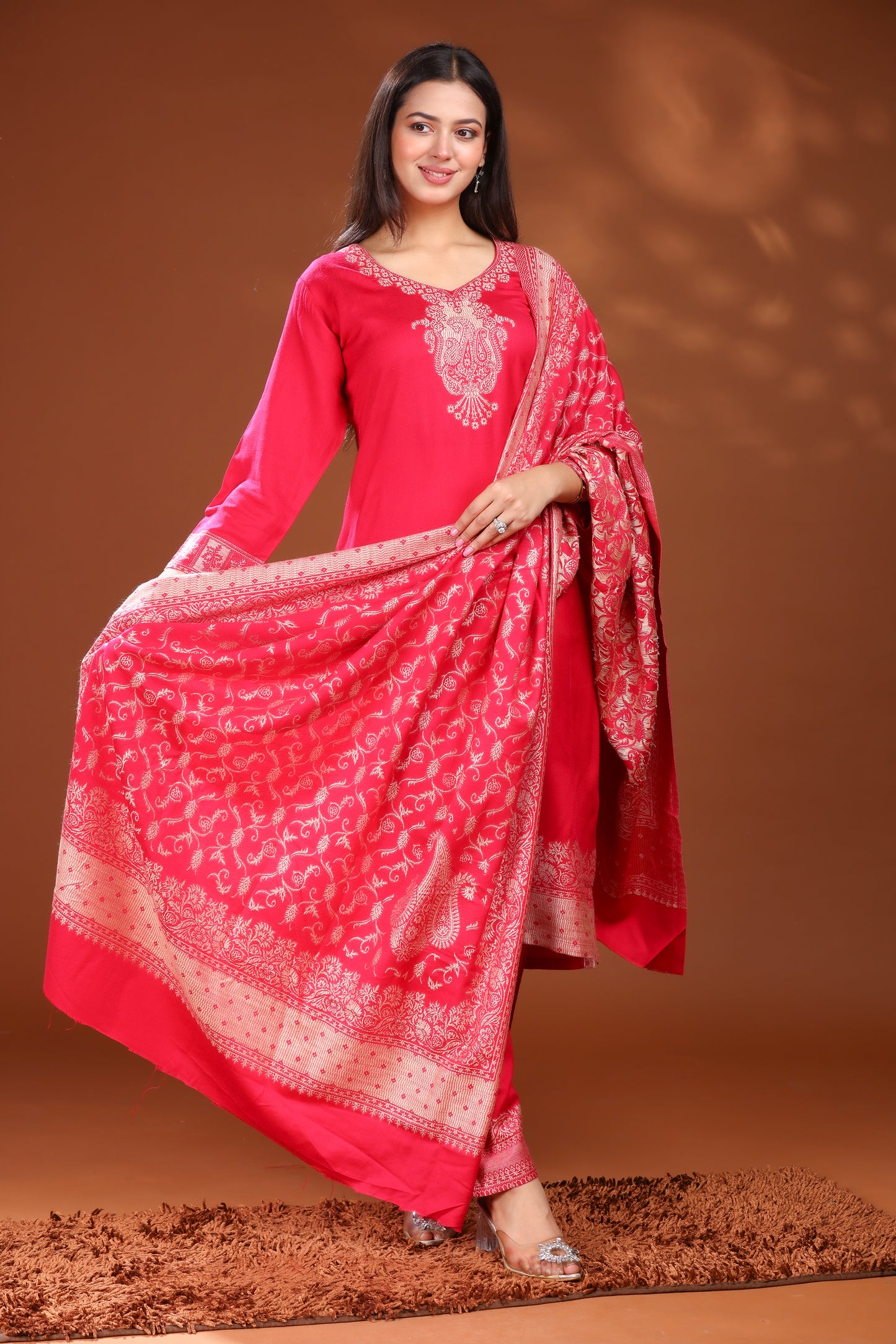 KRITI Woolen Unstitched Winter Suit Set Woven Pattern Pink Color For Women