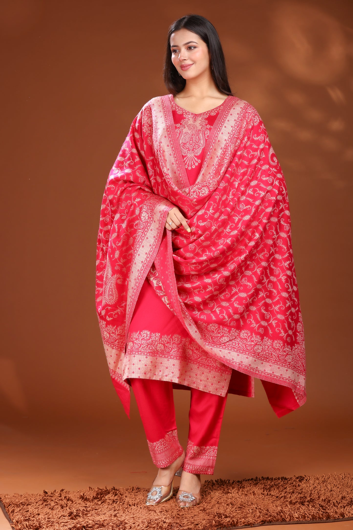 KRITI Woolen Unstitched Winter Suit Set Woven Pattern Pink Color For Women