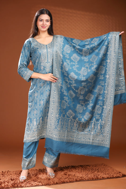 KRITI Woolen Unstitched Suit Set Weaving Design Air force Color For Women