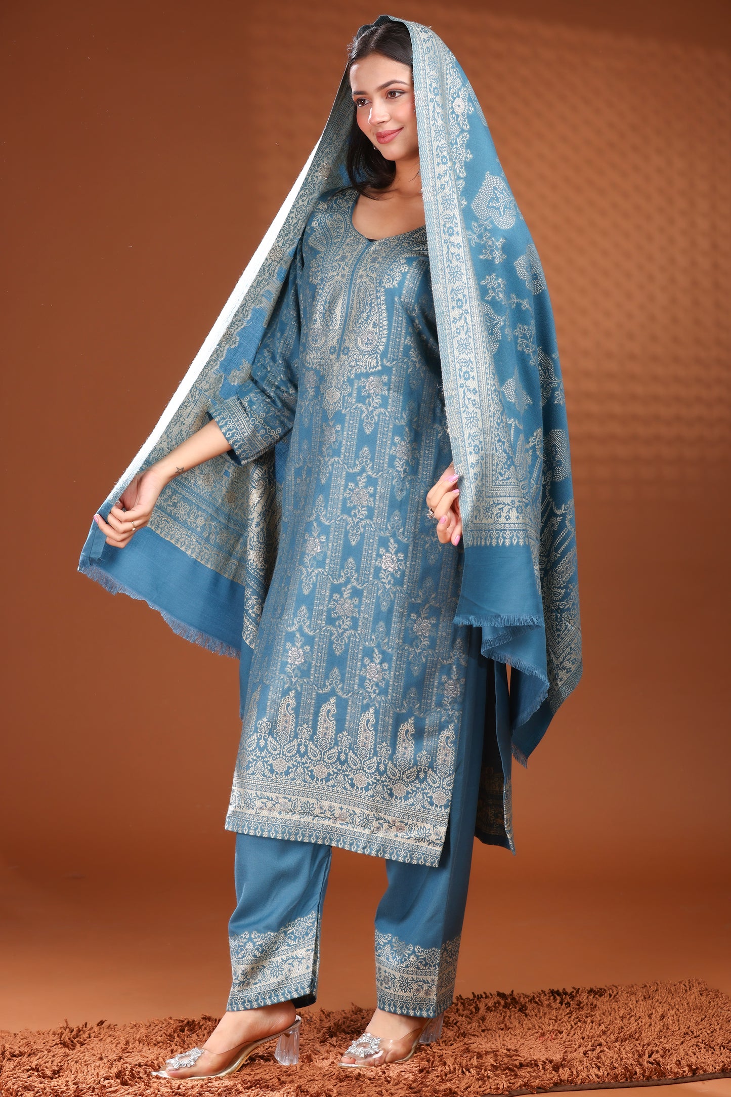 KRITI Woolen Unstitched Suit Set Weaving Design Air force Color For Women