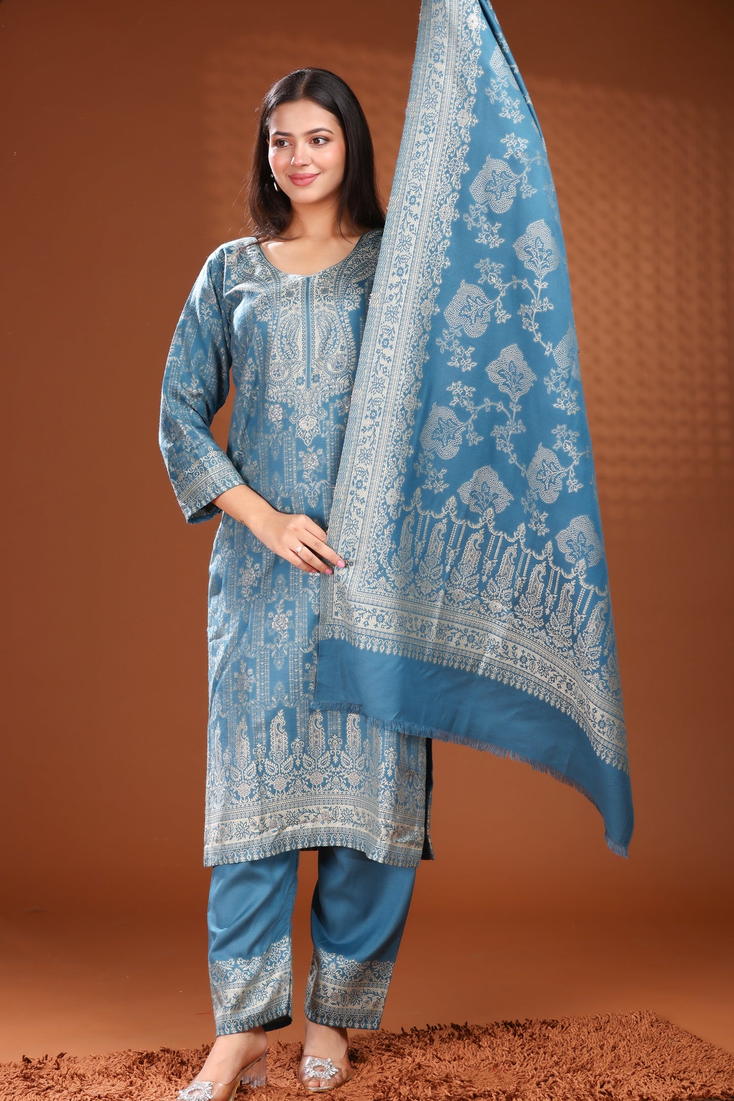 KRITI Woolen Unstitched Suit Set Weaving Design Air force Color For Women