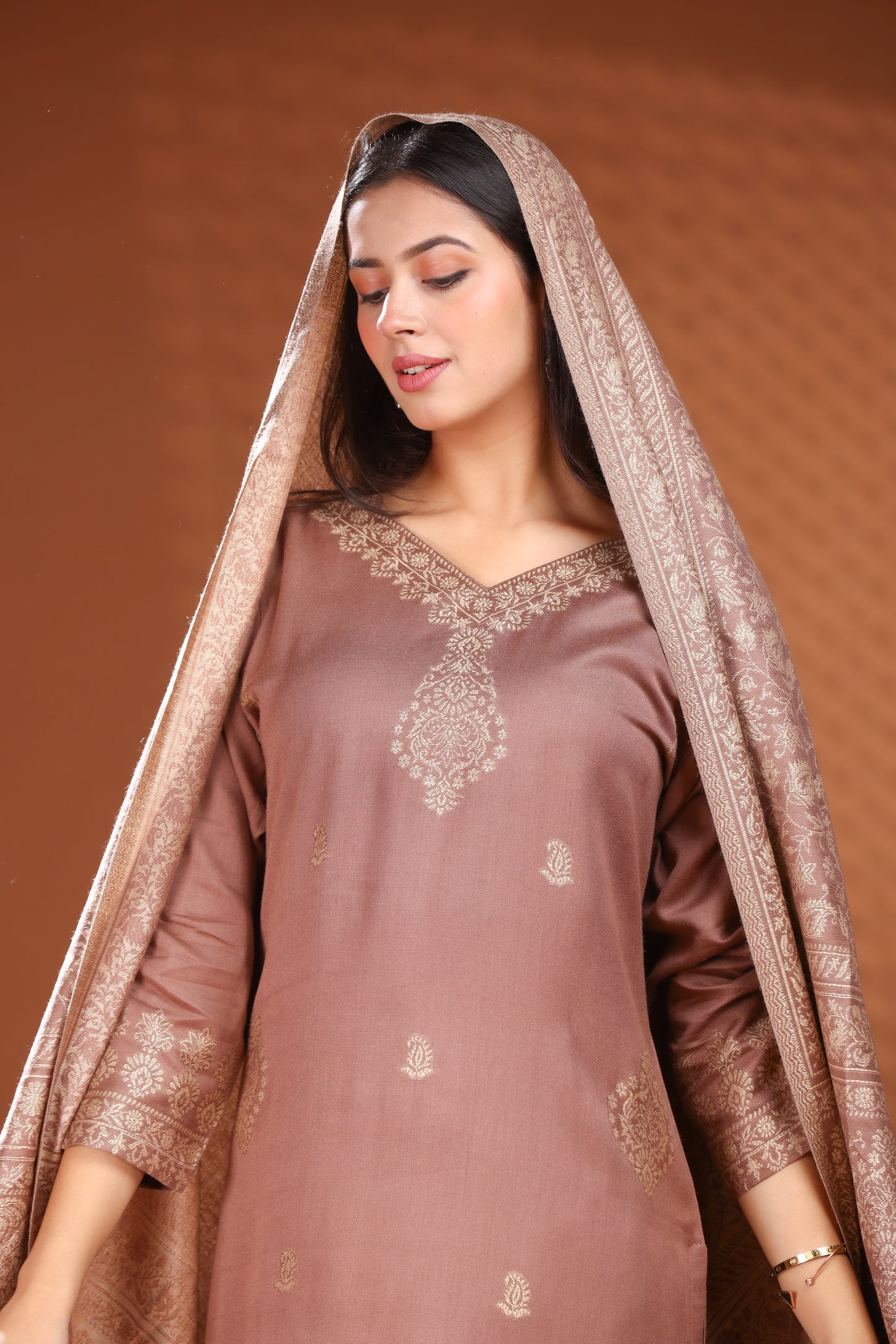 KRITI Woolen Unstitched Winter Suit Set Weave Design Coffee Color For Women