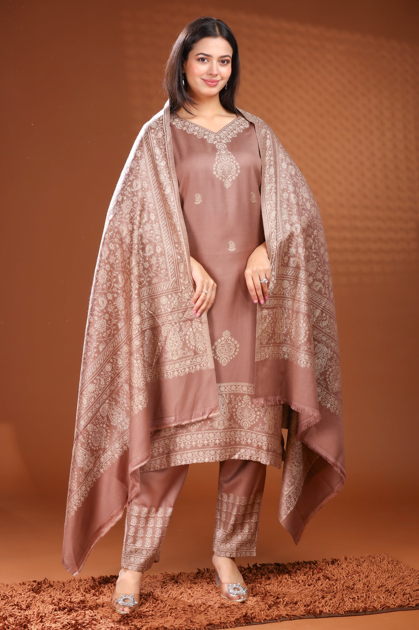 KRITI Woolen Unstitched Winter Suit Set Weave Design Coffee Color For Women