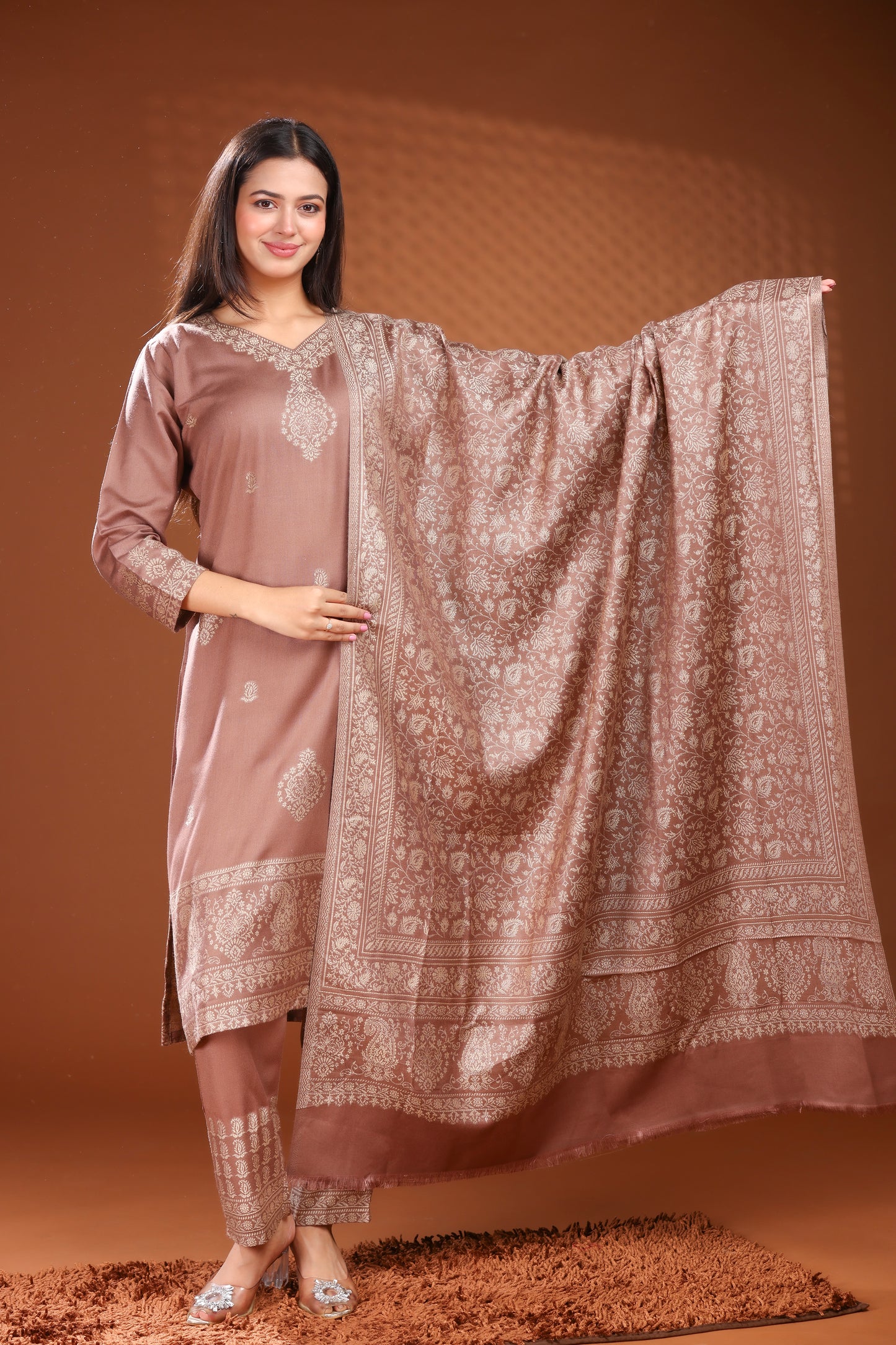 KRITI Woolen Unstitched Winter Suit Set Weave Design Coffee Color For Women