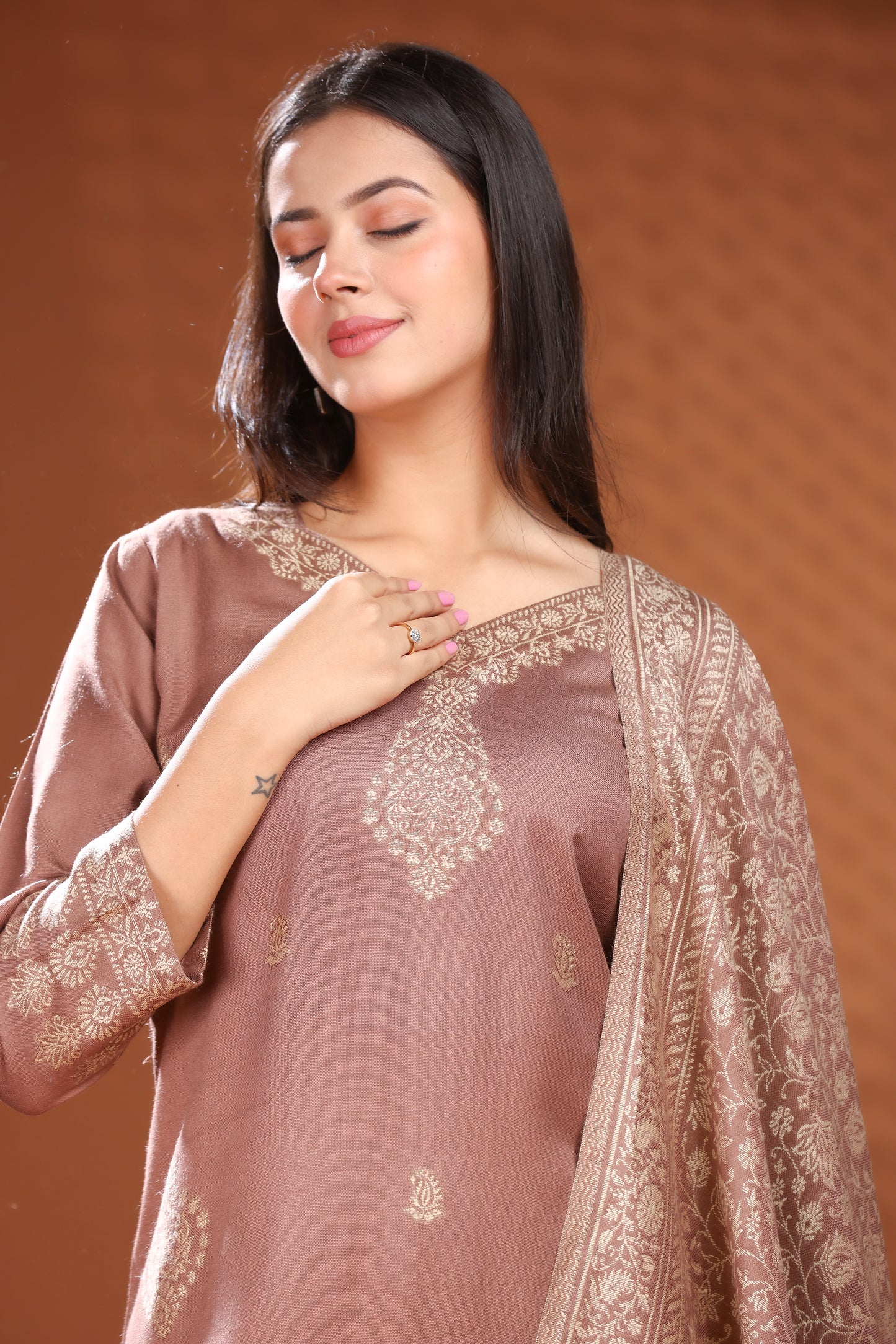 KRITI Woolen Unstitched Winter Suit Set Weave Design Coffee Color For Women