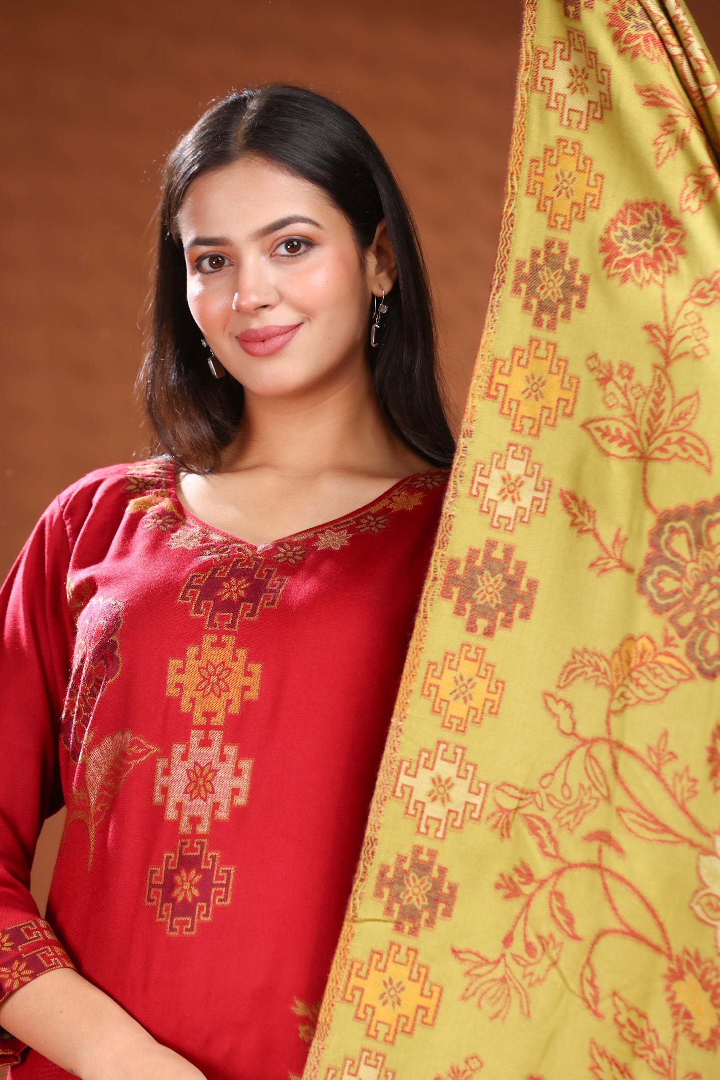 KRITI Woolen Unstitched Winter Suit with Olive and Red Floral Color For Women