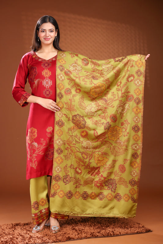 KRITI Woolen Unstitched Winter Suit with Olive and Red Floral Color For Women