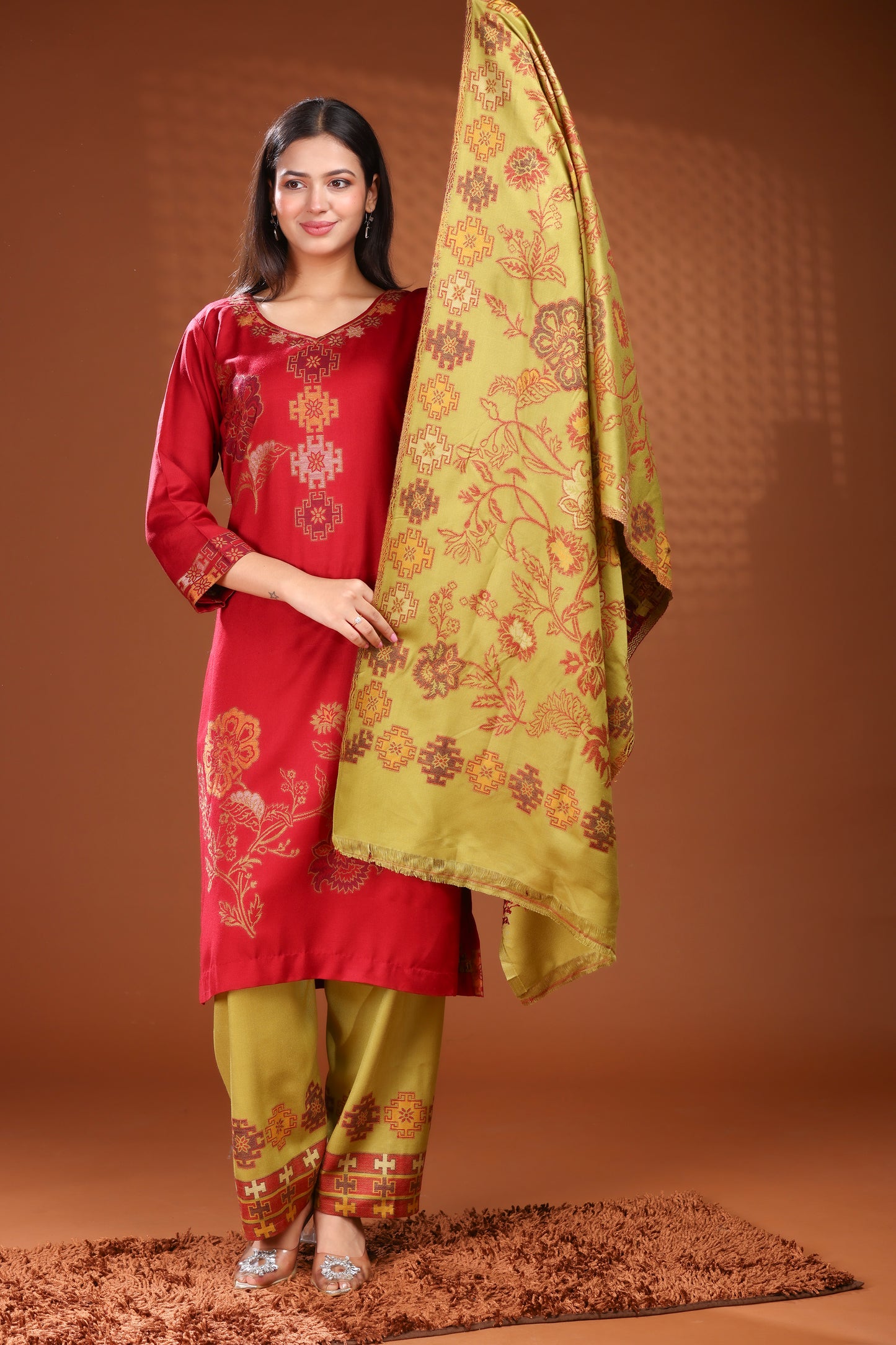 KRITI Woolen Unstitched Winter Suit with Olive and Red Floral Color For Women