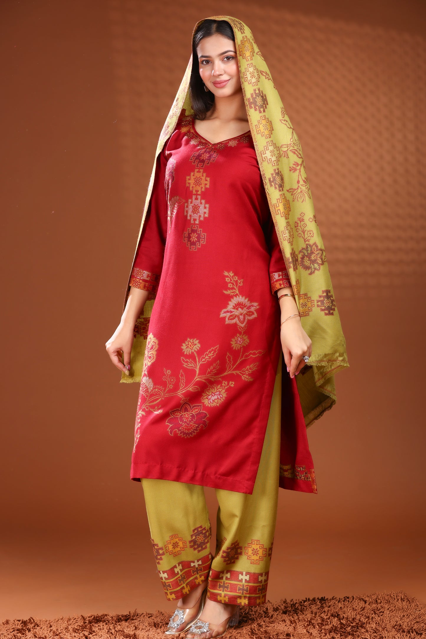 KRITI Woolen Unstitched Winter Suit with Olive and Red Floral Color For Women